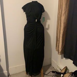Black Evening Gown Dress with Lace Sleeves and Rhinestone Pendant Size 16